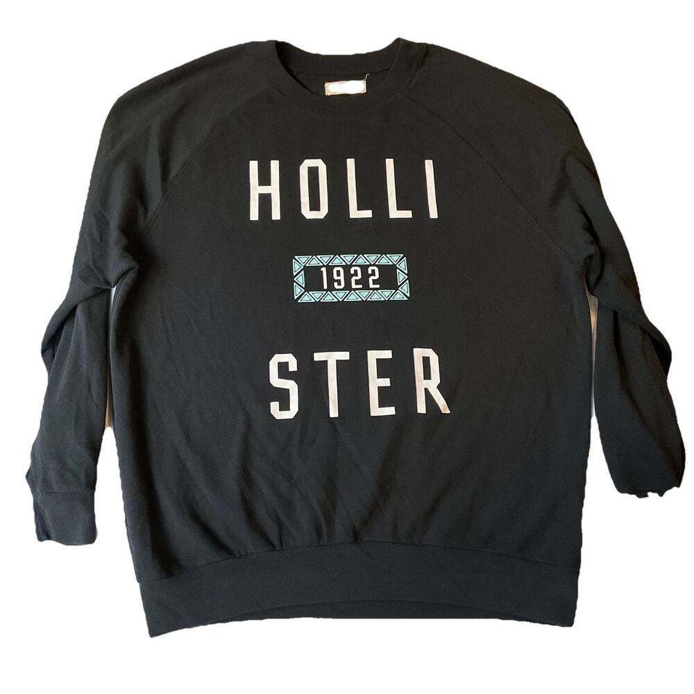 Hollister Men Sweatshirt Size L Black 1922 Logo Long Sleeve Pullover Crew Neck